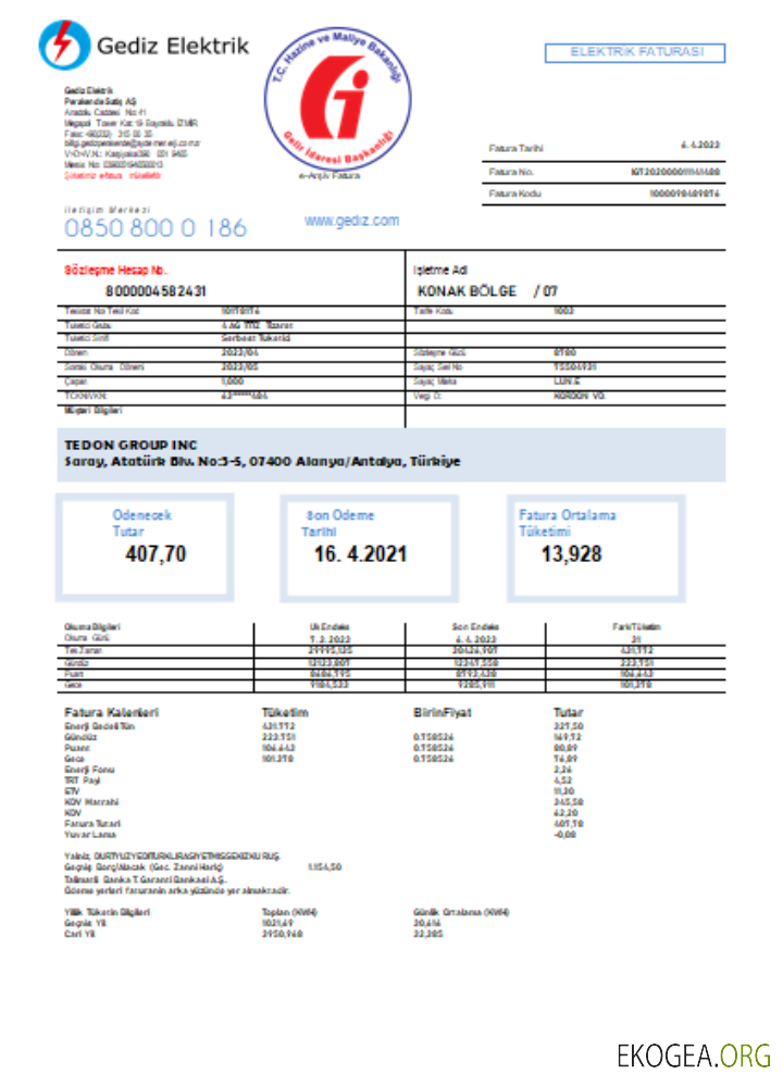 Facture commerciale de services publics de Gediz Elektrik, SCR
